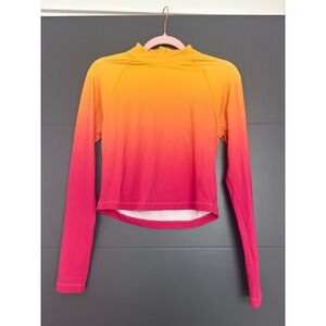 Athleta Ombre Long Sleeve Rash Guard Crop Top Orange Pink Zip Neck Size M